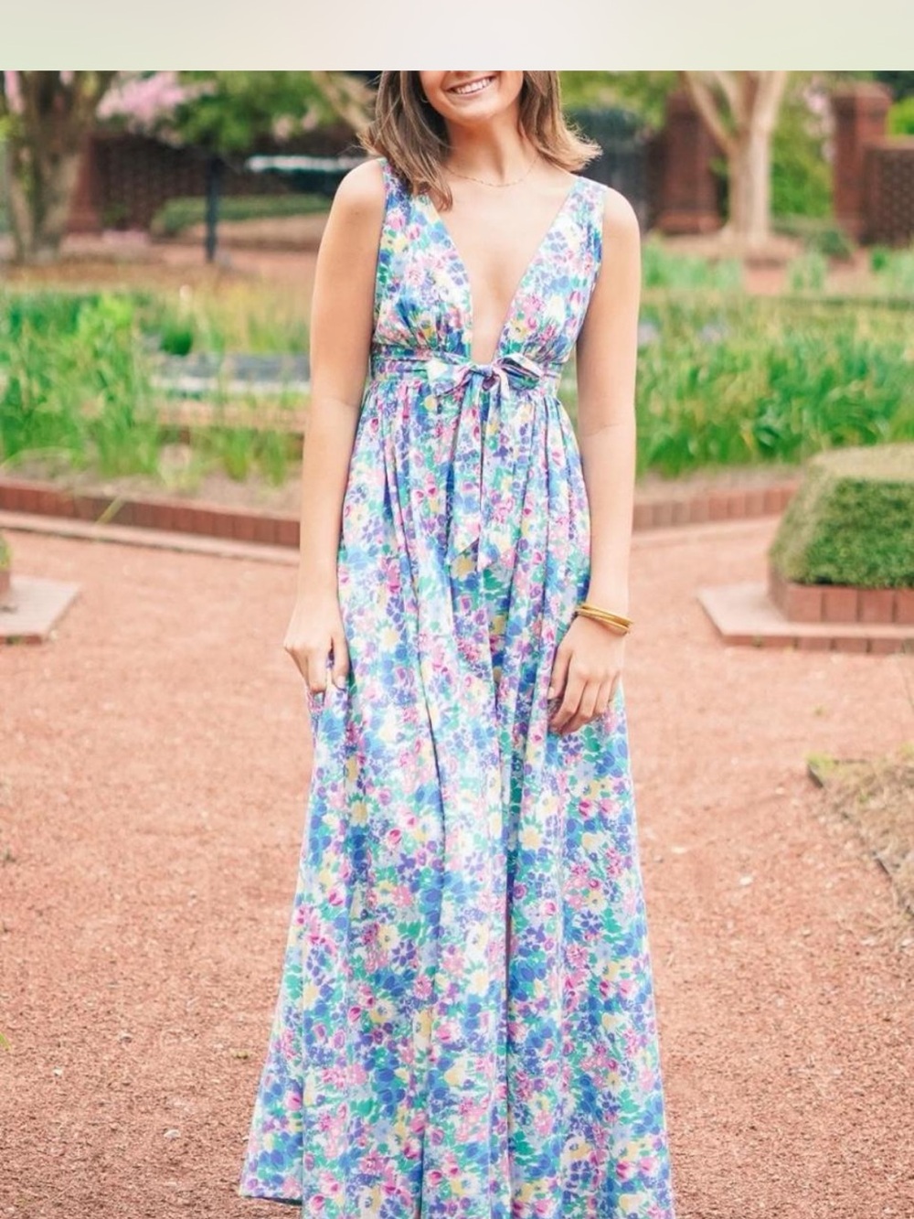 Aakaa Multi-Color Floral Deep V Tie-Waist Maxi Dress